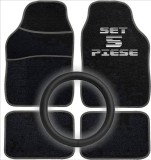 Set Auto Essential AVEX &ndash; 5 piese, Covorase Universale Mocheta + Husa Volan Piele Ecologica Perforata, Negru