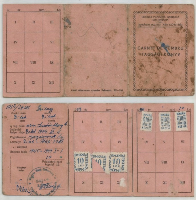 Romania, Carnet membru Uniunea Populara Maghiara din Romania (I), Zalau, 1949