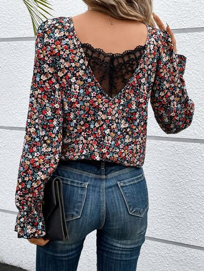 Bluza cu imprimeu floral, dantela, maneca lunga, negru