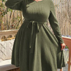 Rochie midi cu model tricotat si cordon in talie, verde