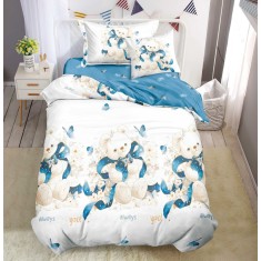 Lenjerie De Pat Lukaku Xf044, Bumbac, 4 Piese, Fara Elastic, Albastru, Imprimeu