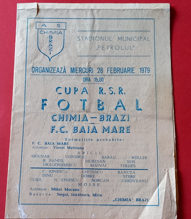 Program meci fotbal &quot;CHIMIA&quot; BRAZI-FC BAIA MARE (Cupa Romaniei 28.02.1979)