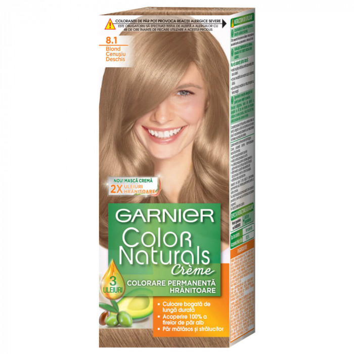 Vopsea de Par Permanenta Garnier Color Naturals 8.1, Blond Cenusiu Deschis, 110 ml, Fara Amoniac, Vopsea de Par, Vopsea de Par Permanenta, Vopsea de P