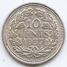 Olanda 10 Cents 1937 - Wilhelmina, Argint 1.4 g/640, 15 mm KM-163 (2)