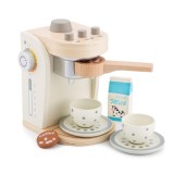 Cafetiera Lemn New Classic Toys, Alb, 19cm, cu Accesorii: Cești, Lapte, Capsule Cafea - Jucărie Bucătărie Copii 3+ ani