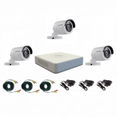 Kit 3 camere supraveghere Turbo HD 720p, IR 20m HikVision + DVR 4 canale HDTVI Turbo HD + Surse + Cablu sertizat foto