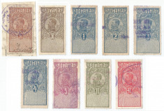 Romania, lot 258 cu 9 timbre fiscale generale, Ferdinand, 1919, oblit. foto
