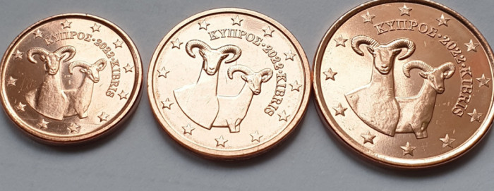 Set 3 monede, 1, 2, 5 euro cent 2022 Cipru, unc, km#78-80