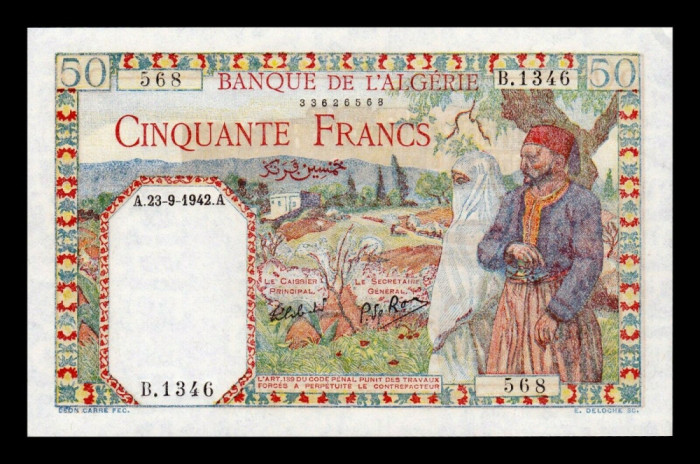 ALGERIA █ bancnota █ 50 Francs █ 1942 █ P-84 █ UNC █ necirculata
