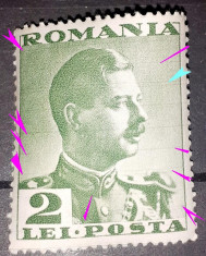 Eroare Romania 1935 LP 135,Carol II, 2 LEI, CU LINI ORIZONTALE , mnh foto