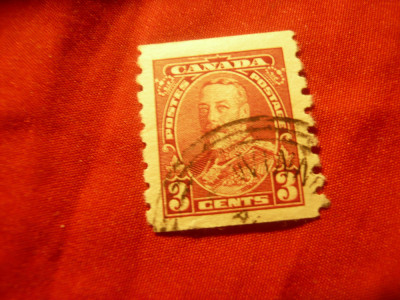 Timbru Canada 1935 Rege George V , val. 3C stampilat carmin , dantelat lateral foto