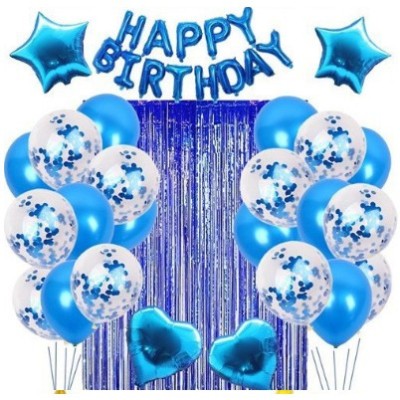 Set 24 de baloane folie si latex, 10 baloane latex simple, 10 bloane latex cu paiete, 4 baloane folie, ribon, 1x2 m perdea, albastru foto
