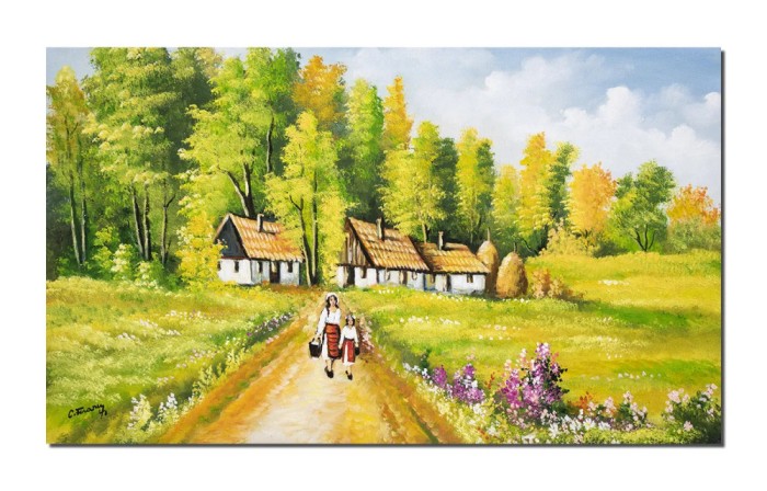 Tablou peisaj rural pictat manual, Amintiri din coplarie, 100x60cm ulei pe panza, Constantin Feraru