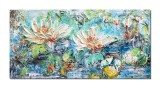 Cumpara ieftin Tablou impasto pictat manual, Nuferi, 80x40cm acril pe panza in relief efect 3D, Kenny Varniote