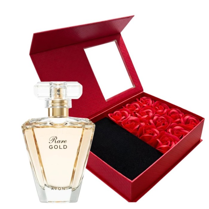 Cutie cadou Love Forever cu 12 trandafiri de sapun si apa de parfum Avon Rare Gold pentru femei 50 ml, parfum floral-oriental ambrat, cadou elegant si