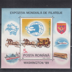 ROMANIA 1989 LP 1230 EXPOZITIA MONDIALA DE FILATELIE WASHINTON 89 COLITA MNH foto