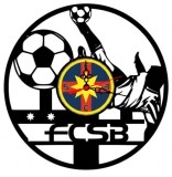 Ceas de perete decorativ realizat din disc de vinil, Model FCSB Bucuresti, Fotbalist in Foarfeca, Stele si Mingi, Text FCSB, Negru, 30 cm