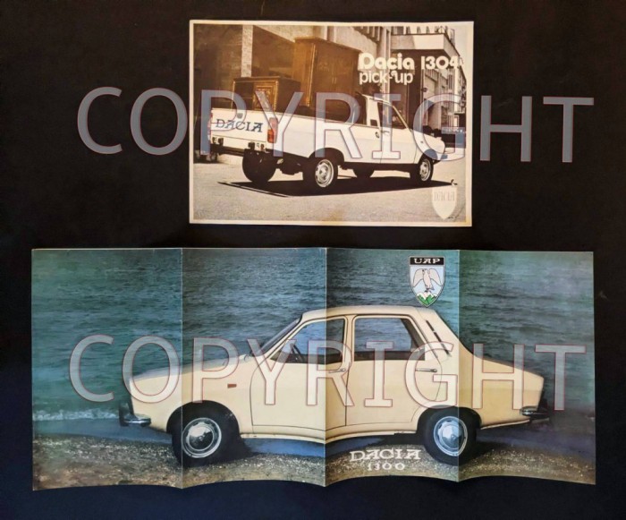 DACIA Lot Publicitate anii 1970 &ndash; DACIA 1304 pick-up PAPUC si 1300 Pliant-Poster publicitar 58x23cm Advertising Marketing Reclama Export Lb. Franceza