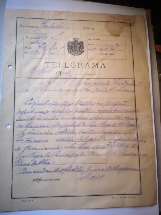 Telegrama catre Principele Ferdinand, semnata General Murgescu
