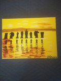 TABLOU PE PANZA CU SASIU NOU 30X40 CM PIESE DE SAH PE APA PRET 50 LEI PICTOR FLORIAN