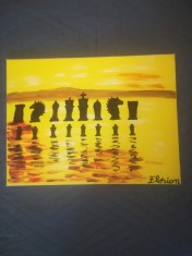 TABLOU PE PANZA CU SASIU NOU 30X40 CM PIESE DE SAH PE APA PRET 50 LEI PICTOR FLORIAN