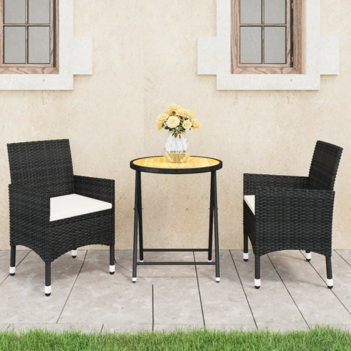 vidaXL Set bistro de grădină, 3 piese, negru, poliratan și lemn acacia 3058382
