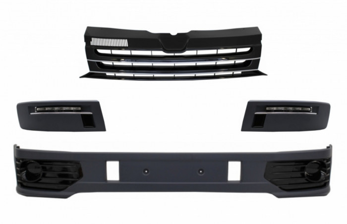 Prelungire Bara Fata cu Grila Centrala fara emblema si Lumini de zi LED DRL VW Transporter Multivan Caravelle T5 T5.1 Facelift (2010-2015) Sportline P