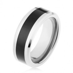Inel tip verighetă, lucios, realizat din wolfram, design &icirc;n două nuanţe, bandă neagră, margini rotunjite - Marime inel: 59