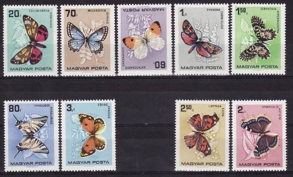 C5810 - Ungaria 1966 - Fluturi 9v.nestampilat MNH