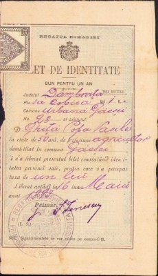 A2647N Bilet de identitate bun pentru 1 an, 1893, Găiești, județul D&amp;acirc;mbovița foto
