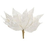 Floare decorativa de Craciun cu clips, alba, cu glitter si margele, 27 cm, CMCLASS