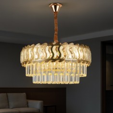 Candelabru Cu Cristale, 5 Becuri E27, Finisaj Auriu