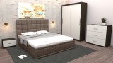 Dormitor Regal cu Pat Tapitat Maro imitatie piele cu dulap usi glisante Wenge fara oglinda si cu comoda Tv