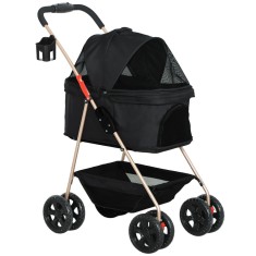 PawHut Cărucior pentru Animale de Companie 3 &icirc;n 1 cu 4 Roți și Geantă de Transport Detașabilă, 76x50x102 cm, Negru | Aosom Romania