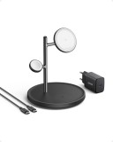 STATIE incarcare wireless Anker &quot;MagGo&quot; 15W, 3-in-1, 3 x wireless, incarca simultan telefon, casti si smartwatch Apple, negru, &quot;B25M3311&quot; (timbru verd
