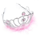 Coroniță Păr, Model Prințesă, Argintiu, Strass Roz, Pene Roz