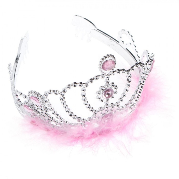 Coroniță Păr, Model Prințesă, Argintiu, Strass Roz, Pene Roz