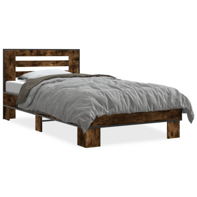 vidaXL Cadru de pat, stejar fumuriu, 90x190cm, lemn prelucrat și metal foto