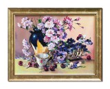 Aranjament cu bujori, panselute si cirese, tablou pictat manual inramat, 45x35cm ulei pe panza, Mircea Iordache