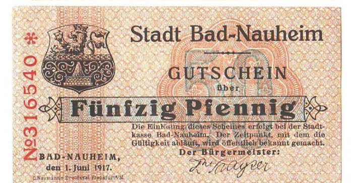 SV * Germania 50 PFENNIG 1917 * NOTGELG * Stadt BAD NAUHEIM +/- AUNC