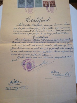 Certificat Nationalitate, Lucia Simionescu, 1939, Padureni, Putna, Dimoftache foto