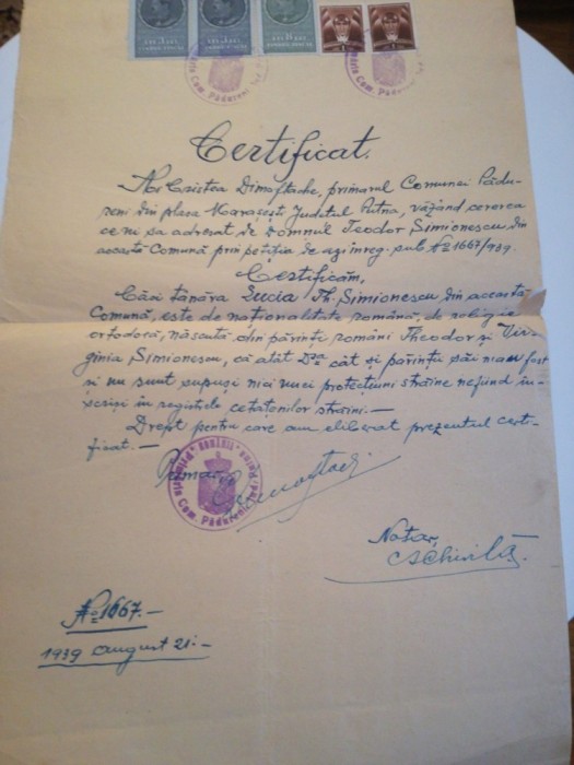 Certificat Nationalitate, Lucia Simionescu, 1939, Padureni, Putna, Dimoftache