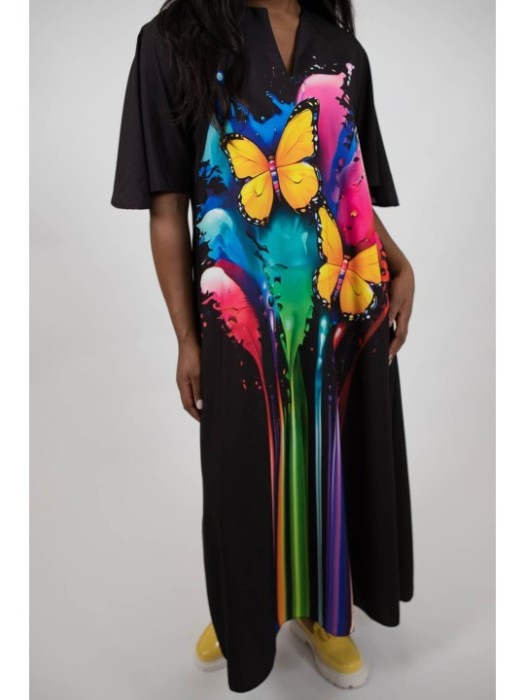 ROCHIE LUNGA CU BUZUNARE SI MANECI CLOPOT BUTTERFLY VALLO TALIE UNICA Multicolora