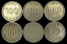 Coreea de Sud , lot 3 - 6 buc x 100 Won 1983 , 1986 , 1987 , 1989 , 1990 , 1991