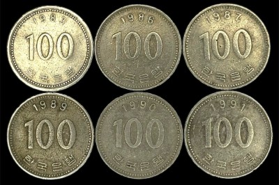 Coreea de Sud , lot 3 - 6 buc x 100 Won 1983 , 1986 , 1987 , 1989 , 1990 , 1991 foto