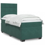 vidaXL Pat box spring cu saltea, verde &icirc;nchis, 90x200 cm, catifea