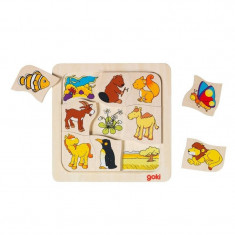 Puzzle de asociere Casutele animalelor 2 Goki, 9 piese, lemn, 3 ani+