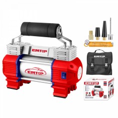 Compresor Auto EMTOP EAAC4501, 12V, 8.2 Bar (120PSI), Furtun 5m, LED-uri Integrate, Manometru, Cablu de 3 metri cu cleme pentru baterie, Geanta de Tra