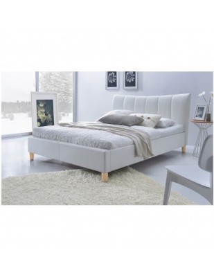 Pat dublu HM Sandy, tapitat cu piele ecologica, somiera inclusa, structura lemn masiv, 160x200 alb foto