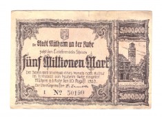 Bancnota Germania M&uuml;lheim an der Ruhr 5000000 mark/marci 10 august 1923
